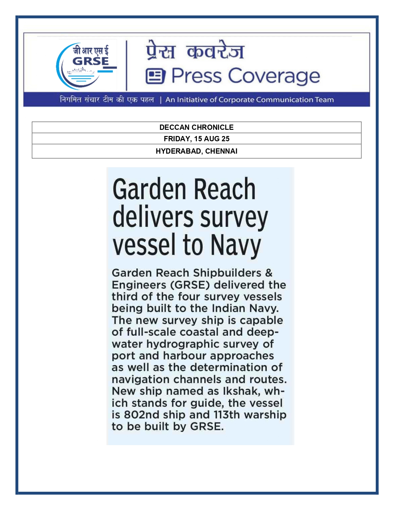 Press Coverage : 15 Aug 25:GRSE delivers survey vessel Ikshak to Navy